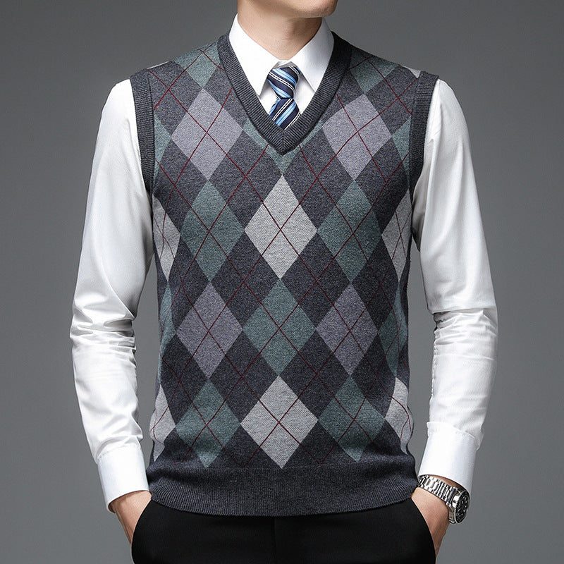 Men's Autumn And Winter V-neck Sleeveless Knit With Wool Vest