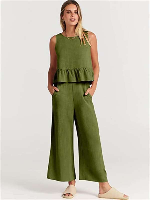 Casual Suit Summer Sleeveless Pleated Vest And Wide-leg Cropped Pants Two Piece Sets - Minihomy