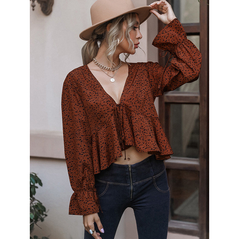 Bell Sleeve Leopard Print Lace-up Exposed Navel Top - Minihomy