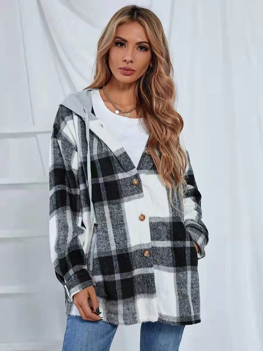 Women Cardigan Plaid Woolen Coat