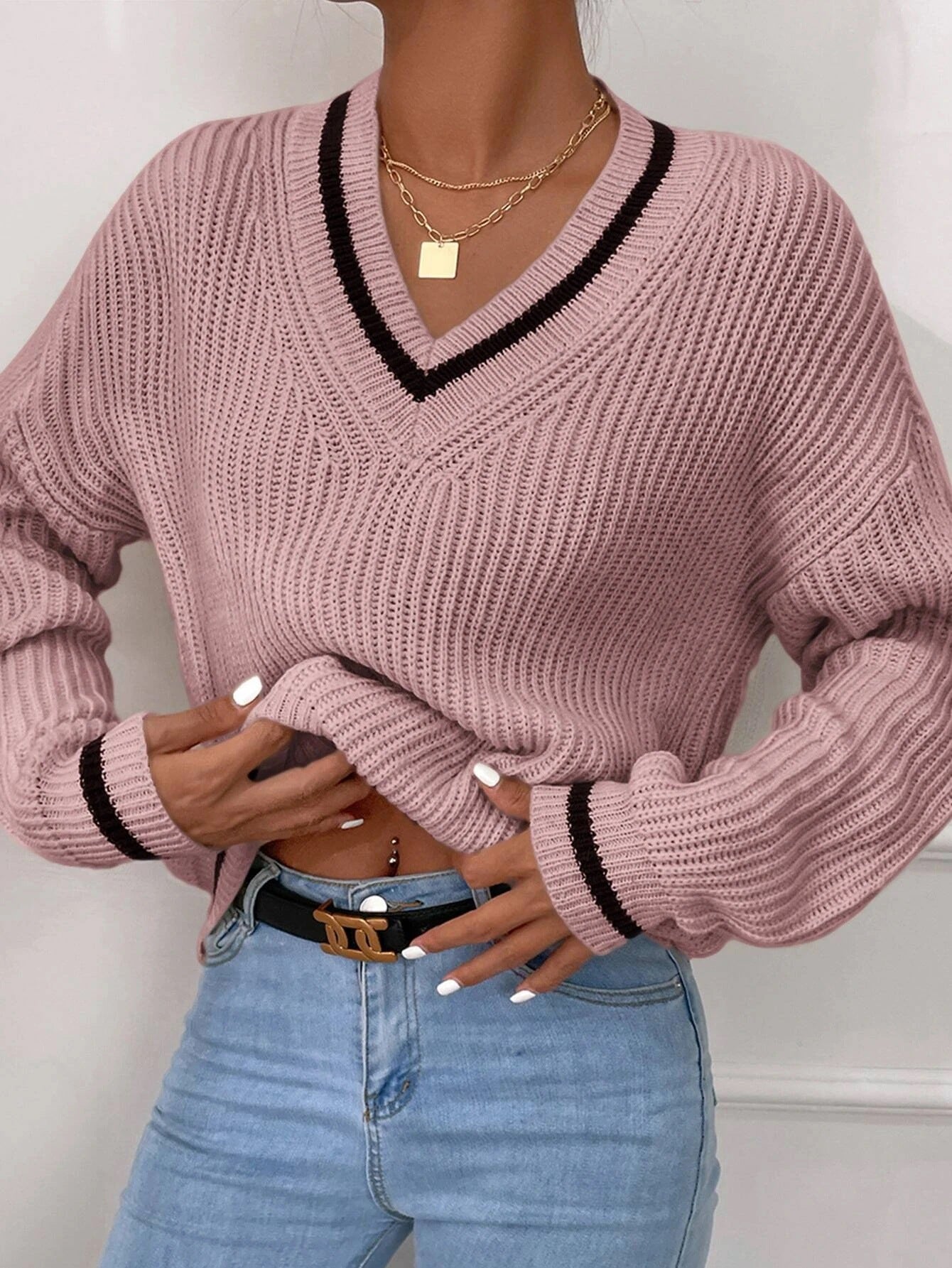 Winter Women's Clothes Cable Knit V Neck Sweaters Casual Long Sleeve