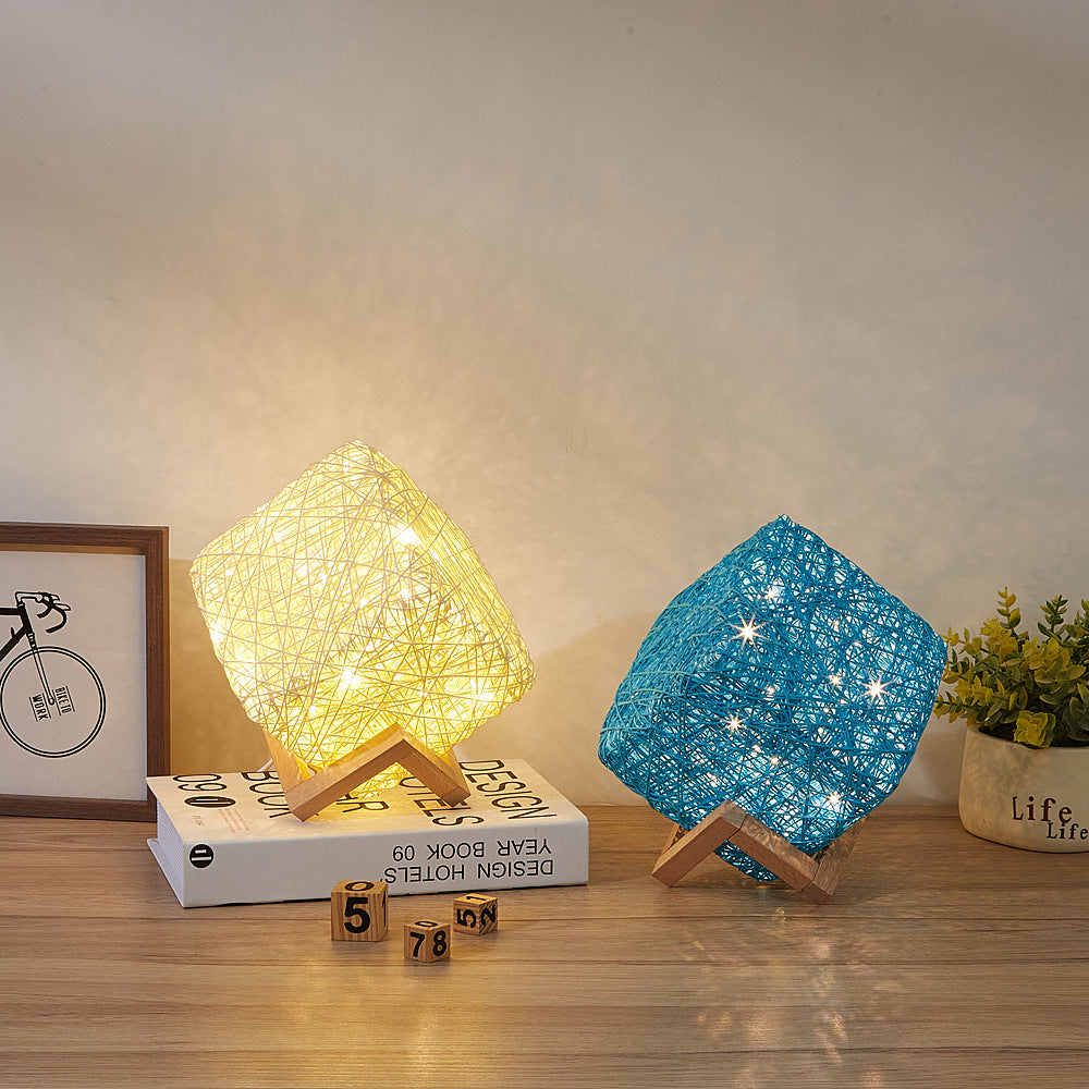 Hand-Knit Dimmable Square LED Desk Lamp - Wood Rattan Twine USB Charging Table Light - Minihomy