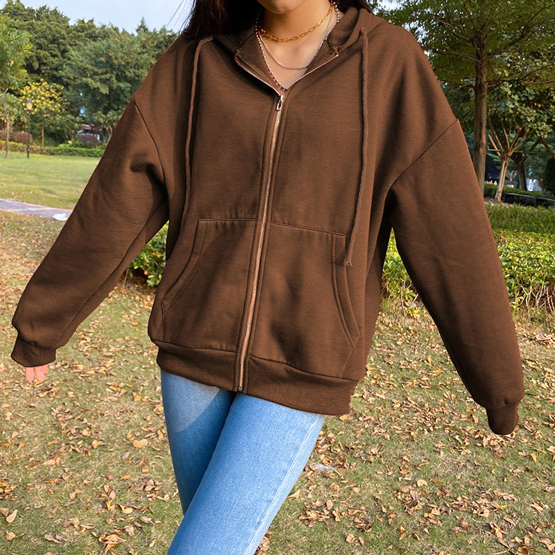 Brown Aesthetic Hoodies Women Zip Up Sweatshirt Hooded