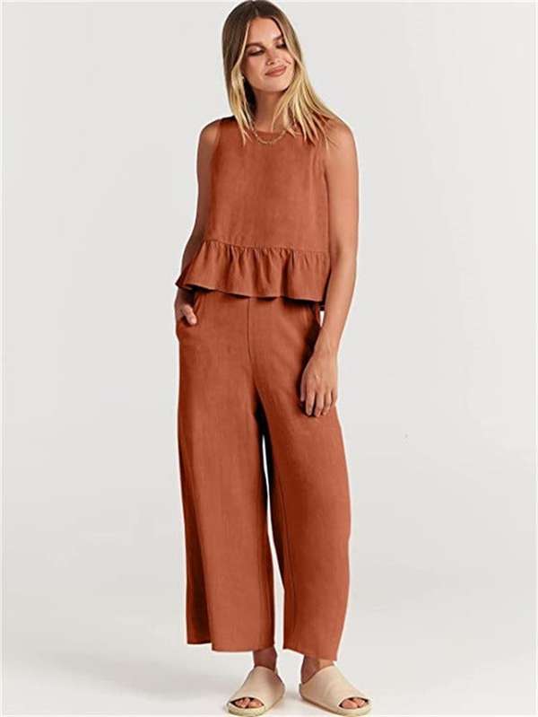 Casual Suit Summer Sleeveless Pleated Vest And Wide-leg Cropped Pants Two Piece Sets - Minihomy