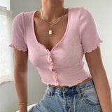 V Neck Ruffles Short Sleeve T Shirt Women Summer Casual Button Crop Top