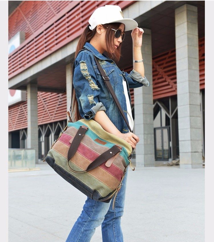 KVKY Brand Fashion Canvas Bag Brand Women Handbag Classic Patchwork Casual Female Shoulder Bags Striped Rainbow Purse Pouch - Minihomy