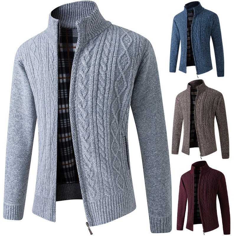 Autumn And Winter Middle-aged Men Plus Velvet Thick Knit Sweater Cardigan