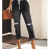 Straight Ripped Jeans For Women Drawstring Trousers With Pockets Pants