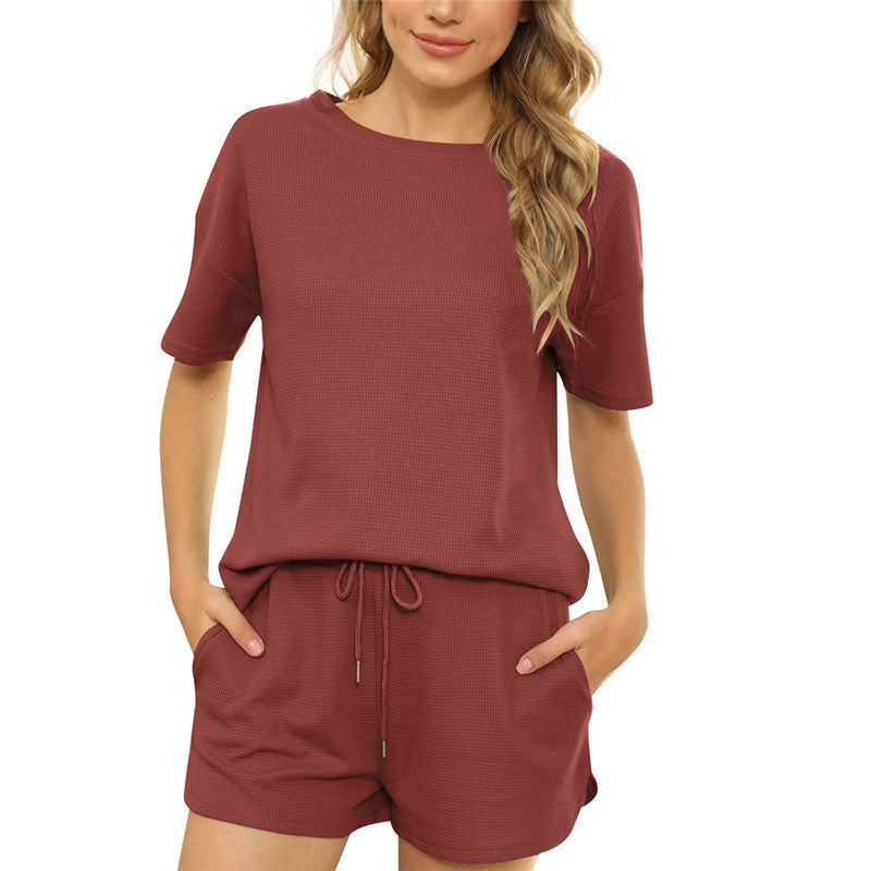 Short-sleeved Two-piece Threaded Sports Round Neck Casual Home Wear