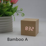 Minimalist Cube shaped sound-sensitive wooden digital clock with temperature display - Minihomy