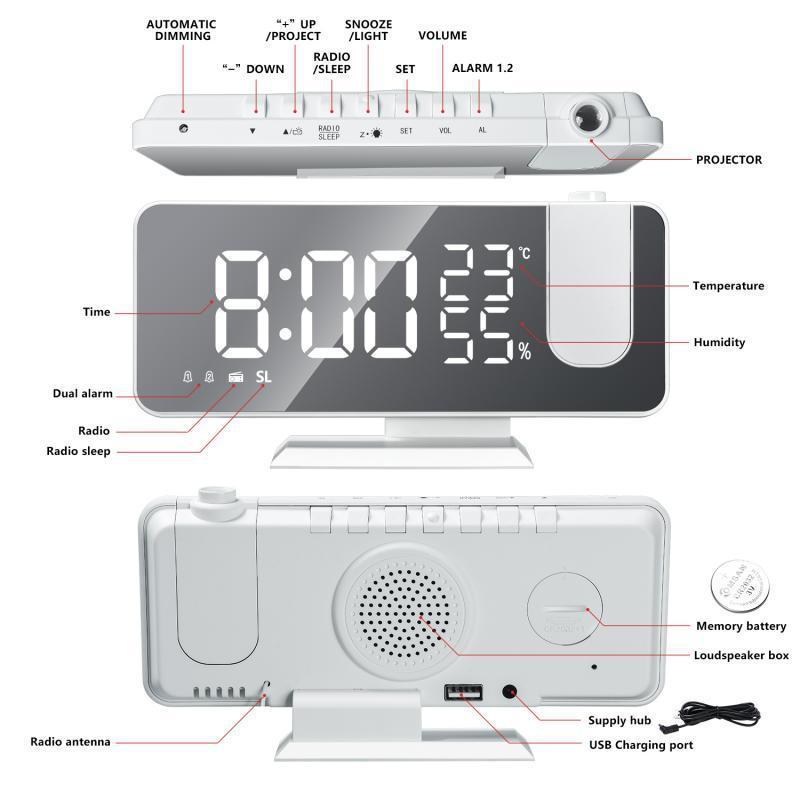 Fm Radio, Led Digital Smart Alarm Clock, Electronic Watch, Table Clock, Usb Alarm Clock With Projection Time, Snooze - Minihomy