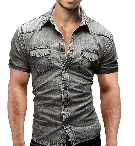 Men Denim Short-sleeved Slim Shirt