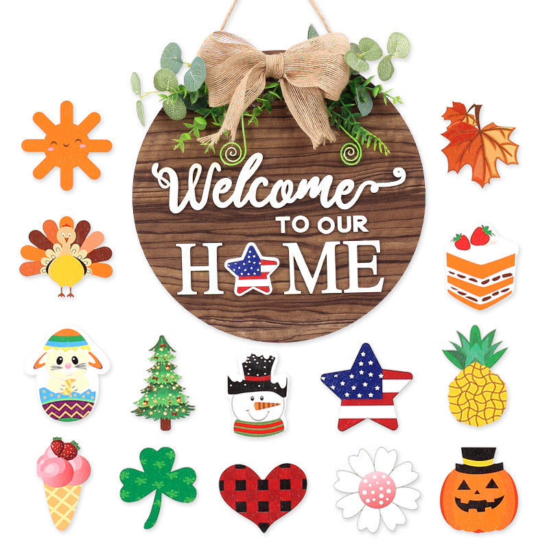 Wooden Door Hanger Ornaments with 14 Magnetic Stickers - Welcome Home Decor