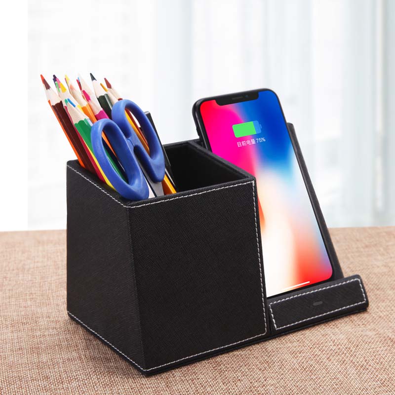 Boost Your Productivity in Style: 3-in-1 Leather Pen Holder & Wireless Charger! - Minihomy