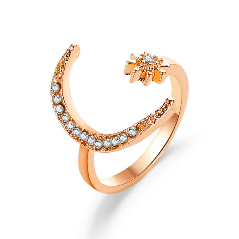 Moon And Star Opening Rings: Fashionable Rhinestone Jewelry