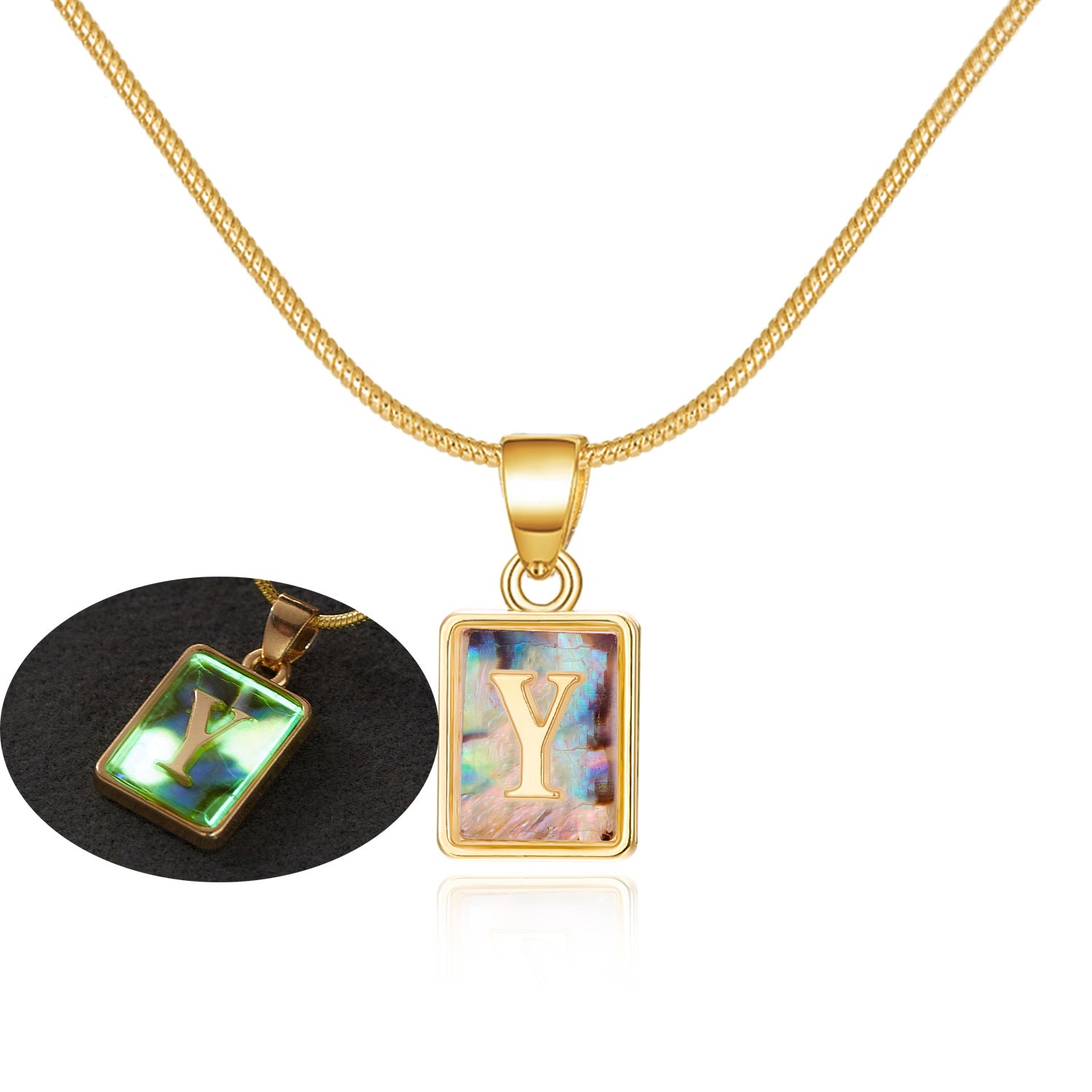 26 Letter Square Necklace Colorful Shell Luminous Pendant Chain Necklace For Women - Minihomy