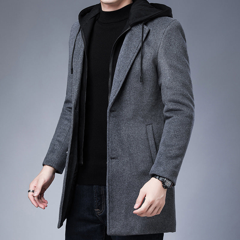 Mens Detachable Hooded Woolen Winter Coat Jacket Mid-Length Single Breasted - Minihomy