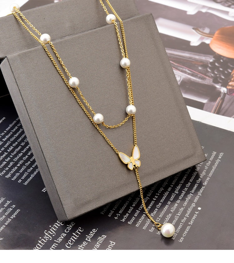 Butterfly Women's Titanium Steel Double-layer Chain Pearl Pendant Necklace - Minihomy