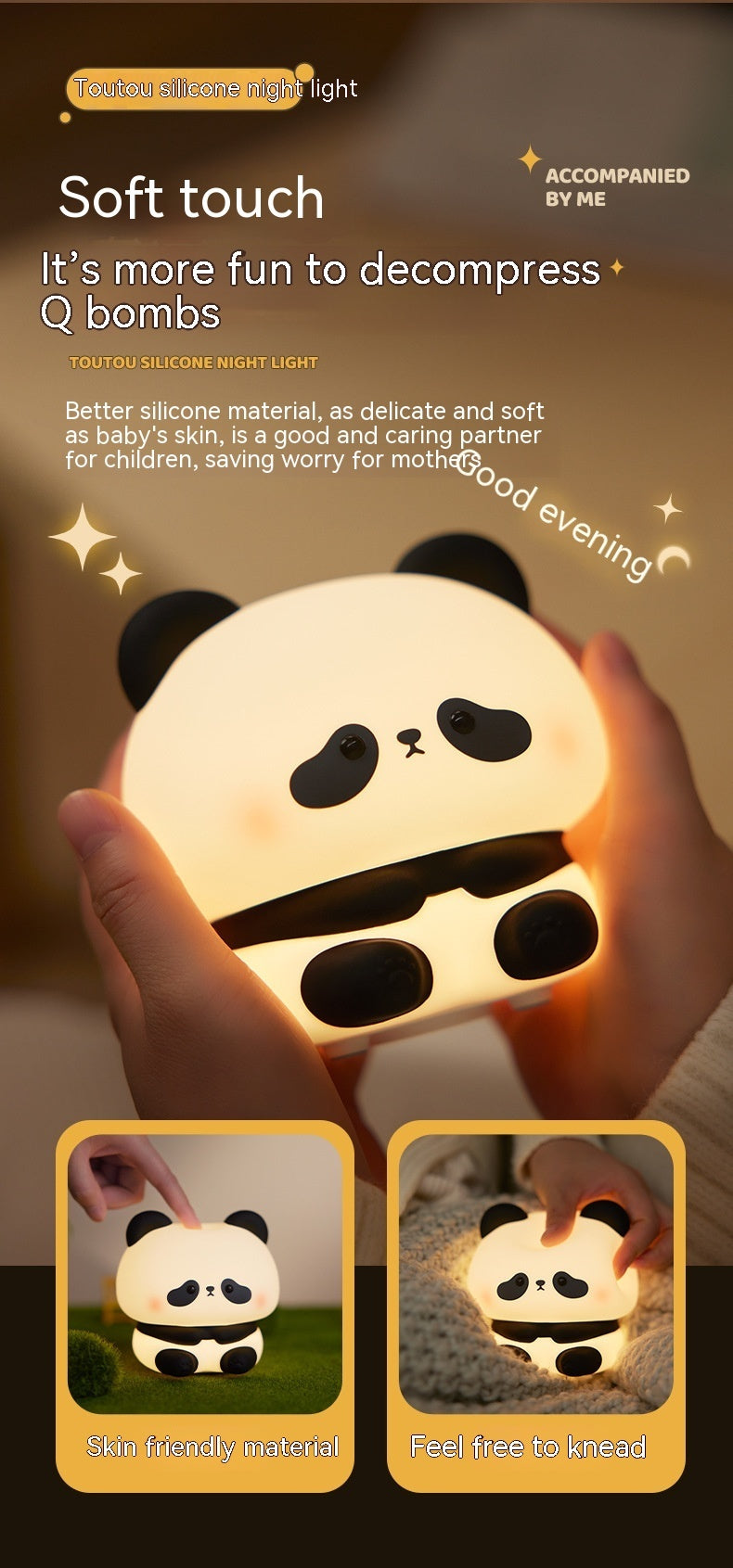 Panda LED Night Light Cute Silicone Night Light USB Rechargeable Touch Night Lamp Bedroom Timing Lamp Decoration Children's Gift Home Decor - Minihomy