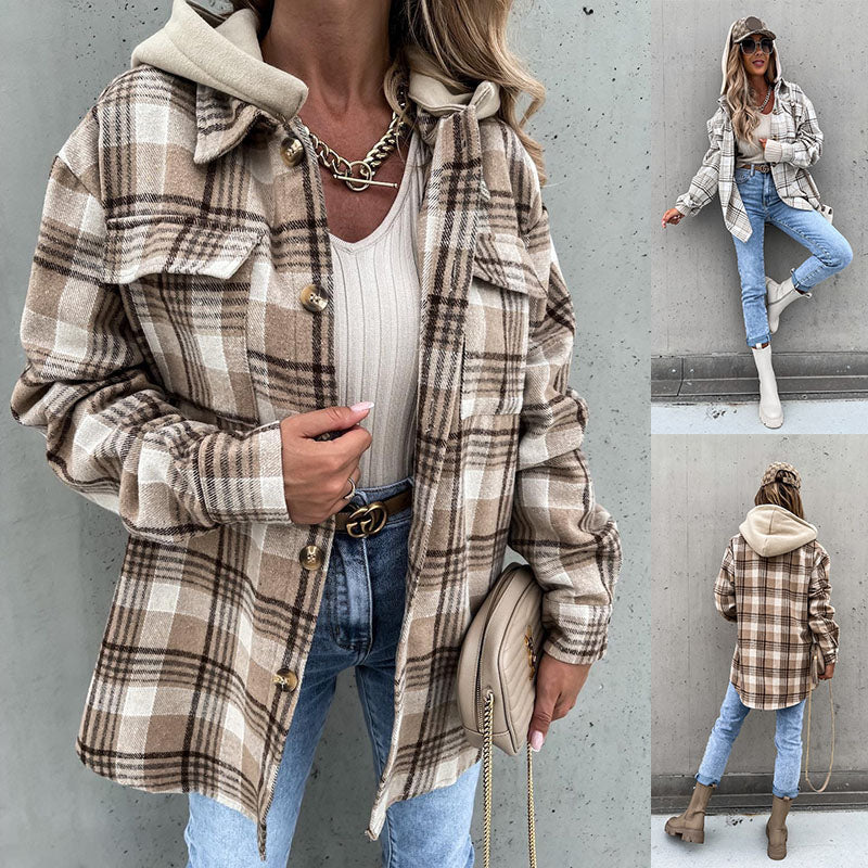 Woolen Jacket Winter Fashion Plaid Hooded Coat With Detachable Cap And Pockets Design