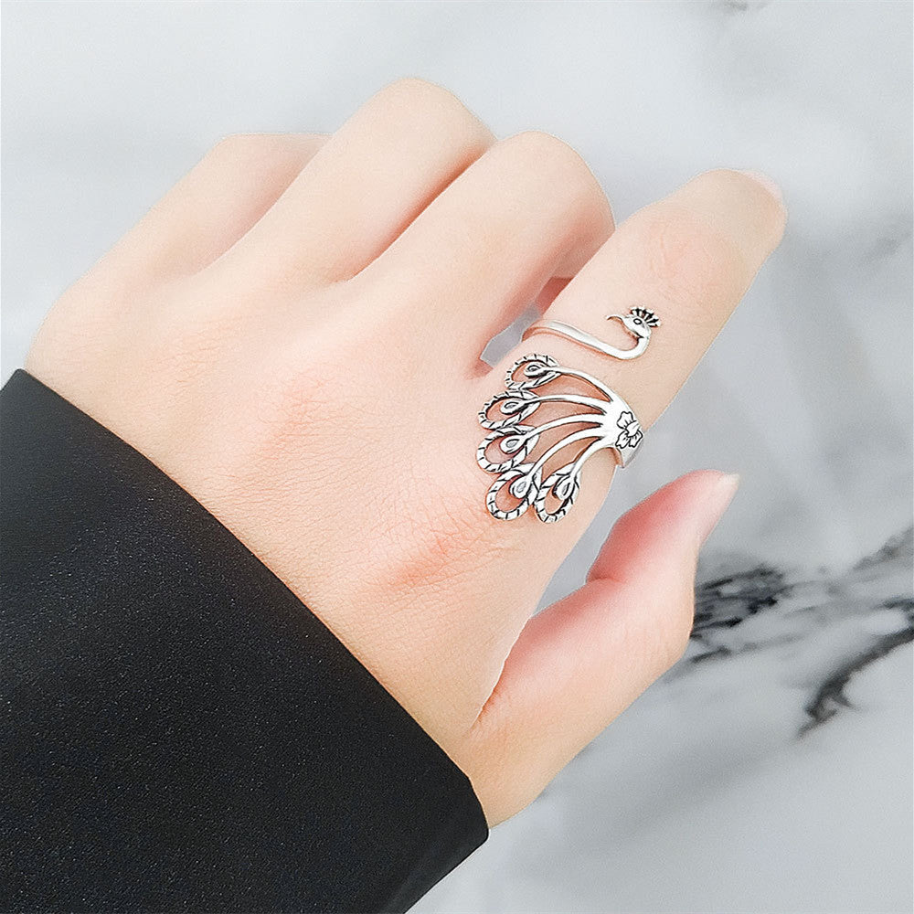 Creative Retro Peacock Sterling Silver Wide Face Ring