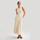 Women's Elegant Knitted Sleeveless Dress - Slim Fit, Round Neck, Long Length