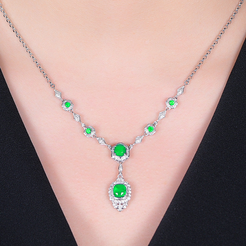 Noble Diamond Green Gem Evening Dress Chain Pendant Necklace Set - Minihomy