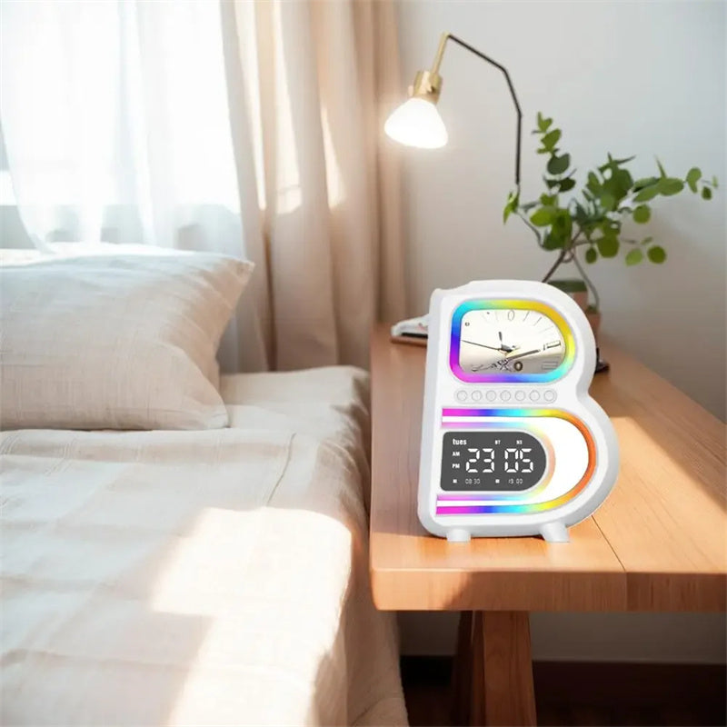 B-Shaped Bluetooth Speaker with Wireless Charger, Smart Music Rhythm Lighting, and Alarm Clock - Minihomy