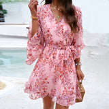 Summer Floral Print V-Neck Short Dress with Ruffles and Lace-Up Design - Women's Clothing