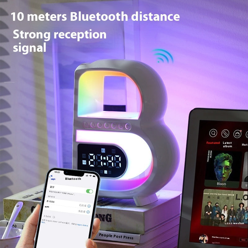 B-Shaped Bluetooth Speaker with Wireless Charger, Smart Music Rhythm Lighting, and Alarm Clock - Minihomy