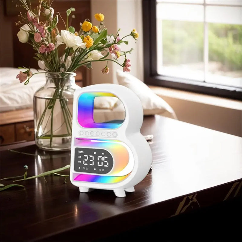 B-Shaped Bluetooth Speaker with Wireless Charger, Smart Music Rhythm Lighting, and Alarm Clock - Minihomy