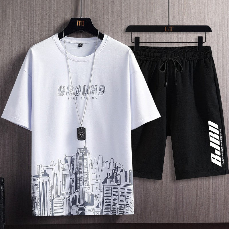 Men's Fashion Printed Short-sleeved T-shirt Shorts Sports Two-piece Set