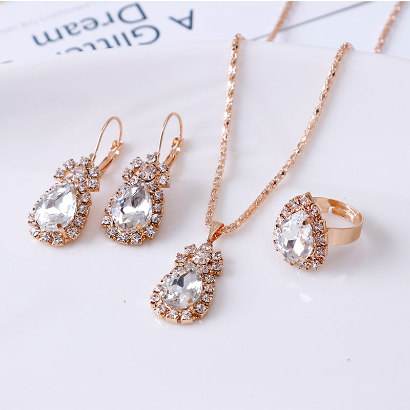 Water Drop Rhinestone Necklace Earrings Ring Set