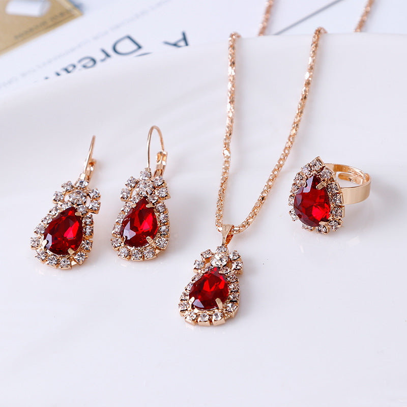 Water Drop Rhinestone Necklace Earrings Ring Set