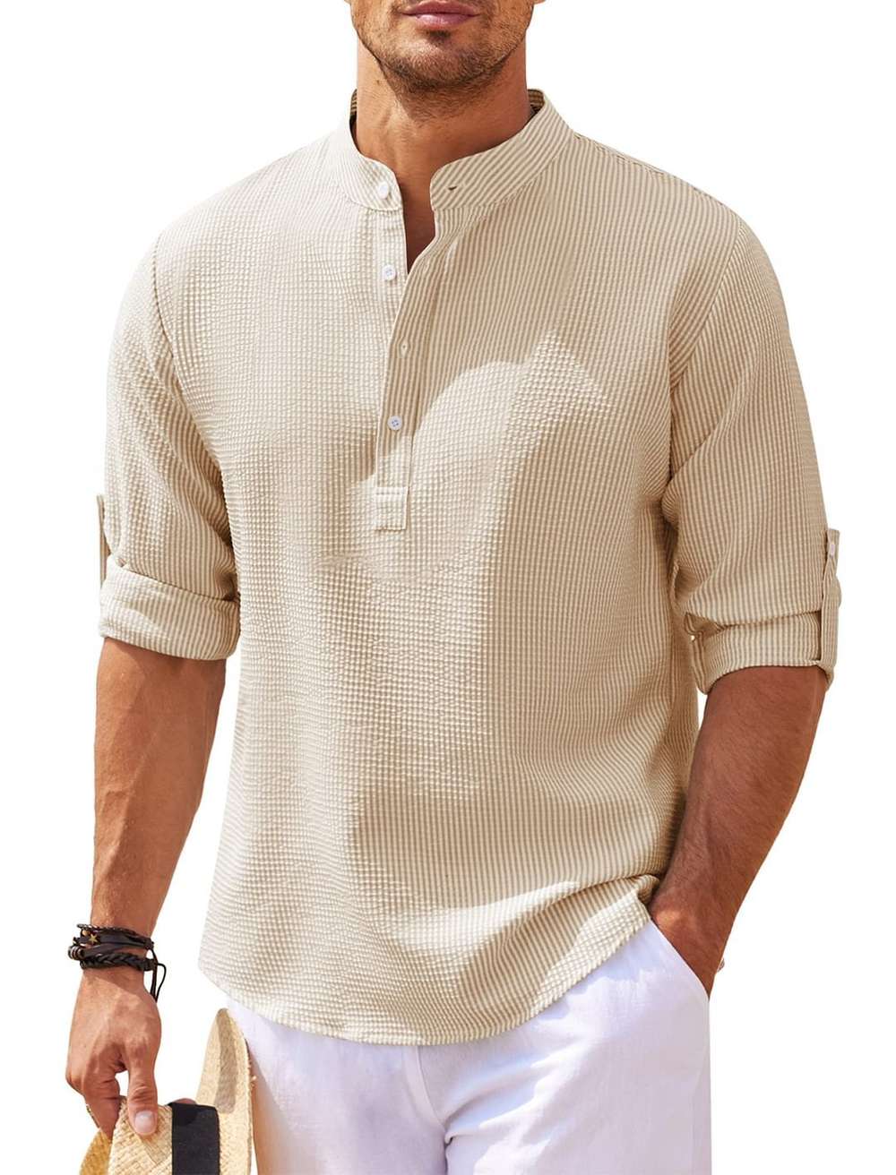 Men's Long Sleeve Stand Collar Solid Color Shirt Mens Clothing - Minihomy