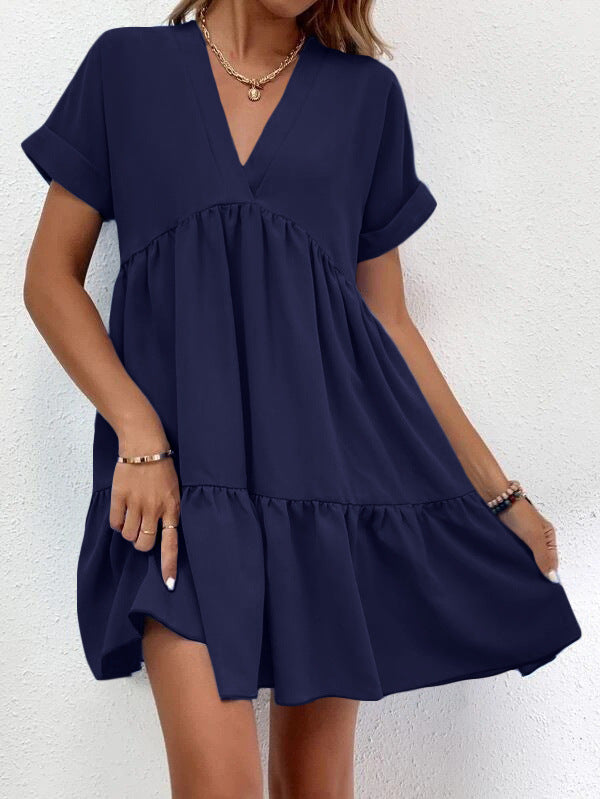 Short-sleeved V-neck Dress Summer Casual Sweet Ruffled Dresses Solid Color Holiday Beach Dress For Womens Clothing