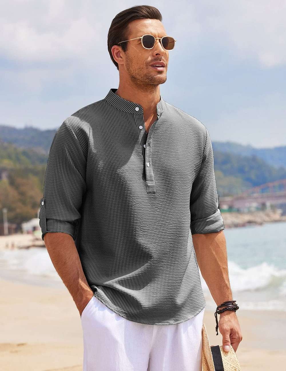 Men's Long Sleeve Stand Collar Solid Color Shirt Mens Clothing - Minihomy