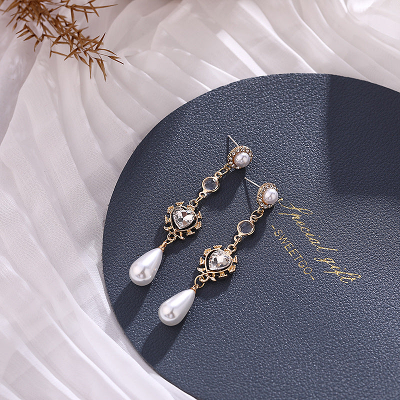 Pearl Earrings Love Rhinestones Long Earrings Women - Minihomy