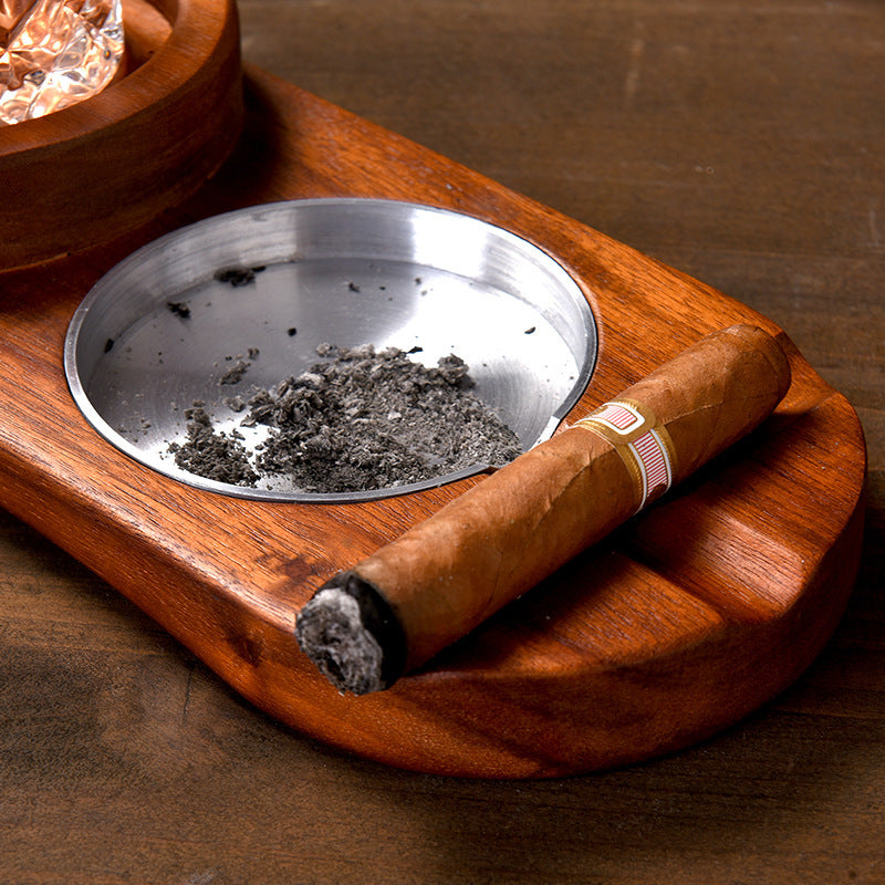 Rustic Wood Ashtray with Glass Cup Holder - Home Decor & Office Ornament