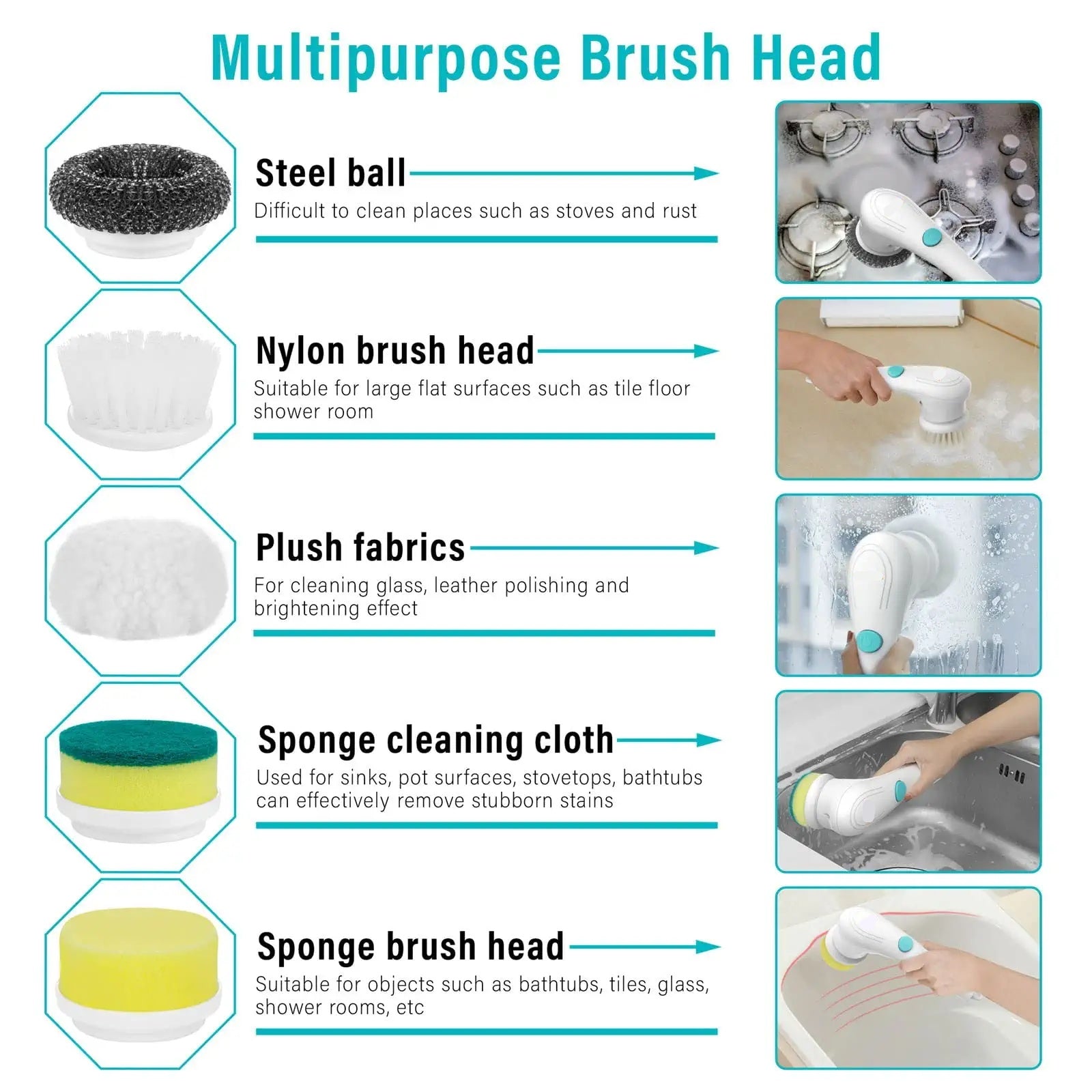 Cordless Electric Handheld Dishwashing Brush & Scrubber Set - 5 Heads, USB Charging - Minihomy