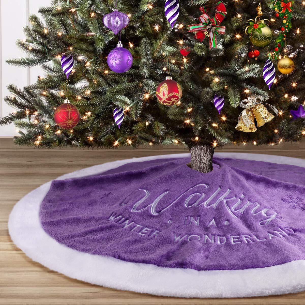 Christmas Tree Purple Coral Velvet Embroidered Letters Snowflake Tree Skirt - Minihomy