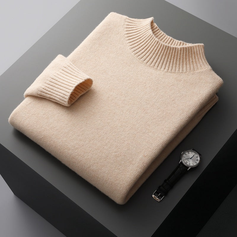 Mock Neck Sweater Men's Knitted Shirt - Pure Wool