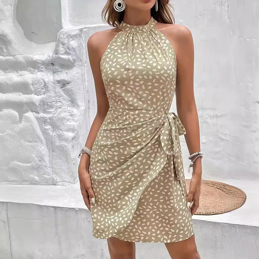 Summer Halterneck Printed Dress With Tied-waist Design Women's Shivering Dots Temperament Dress