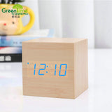 Minimalist Cube shaped sound-sensitive wooden digital clock with temperature display - Minihomy