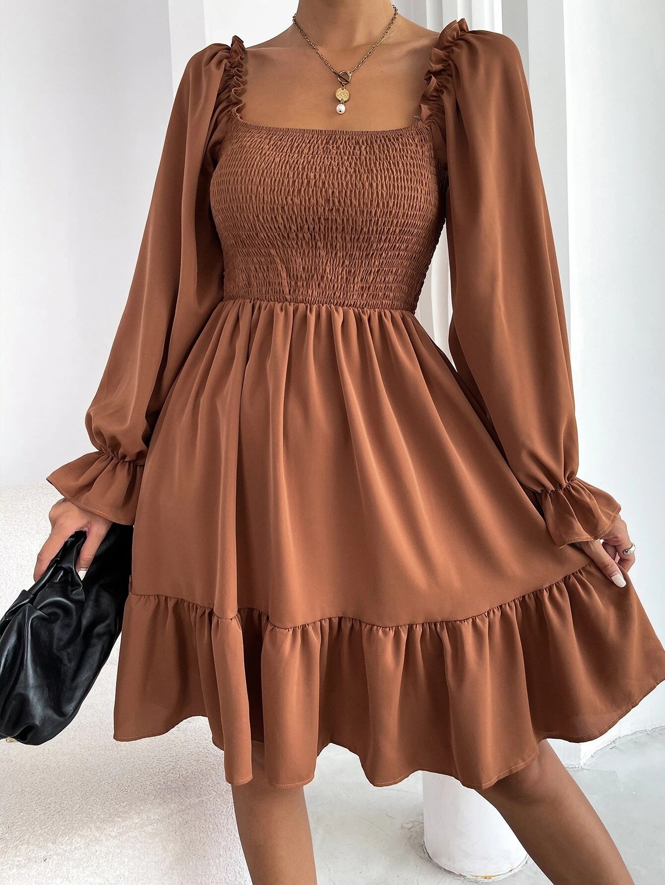 Flared Long Sleeve Dresses Women Square Neck Ruffled Swing Dress - Minihomy