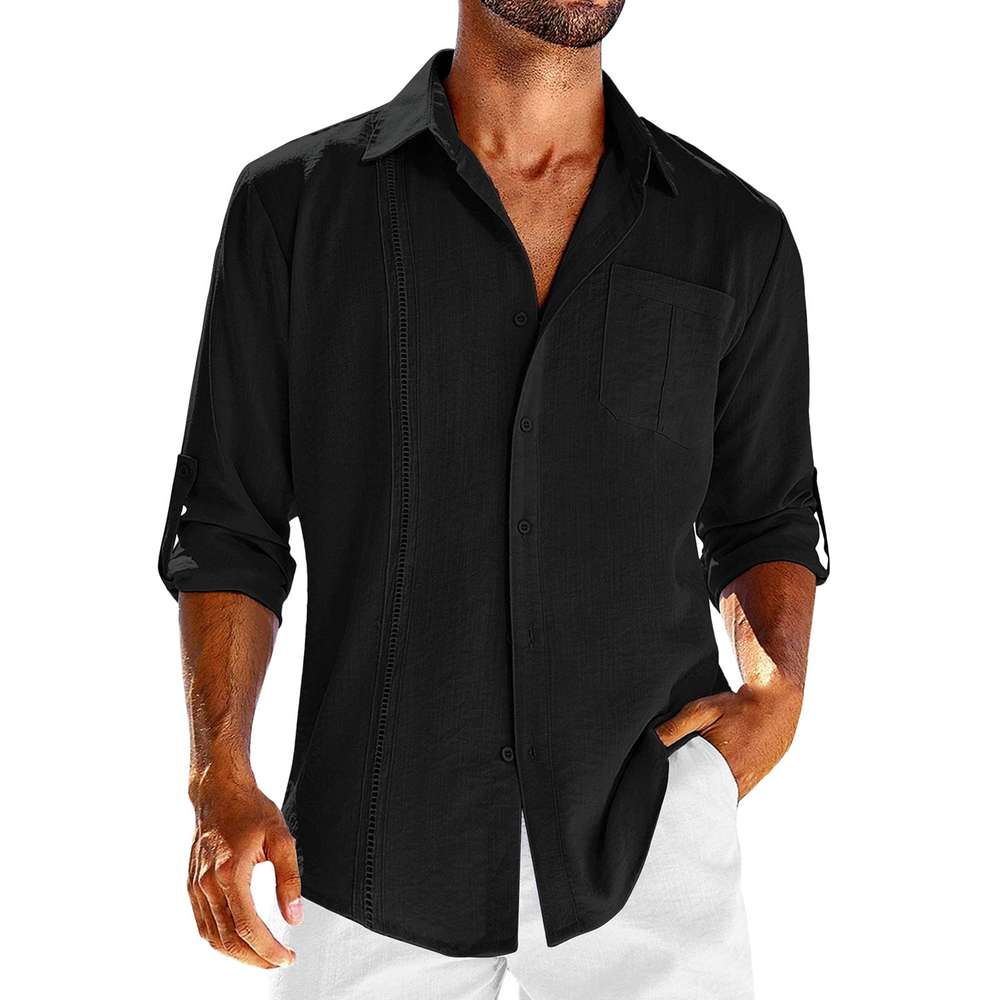 Casual  Long Sleeve Shirt With Pocket Lace Polo Collar Solid Color Button Mens Clothing - Minihomy