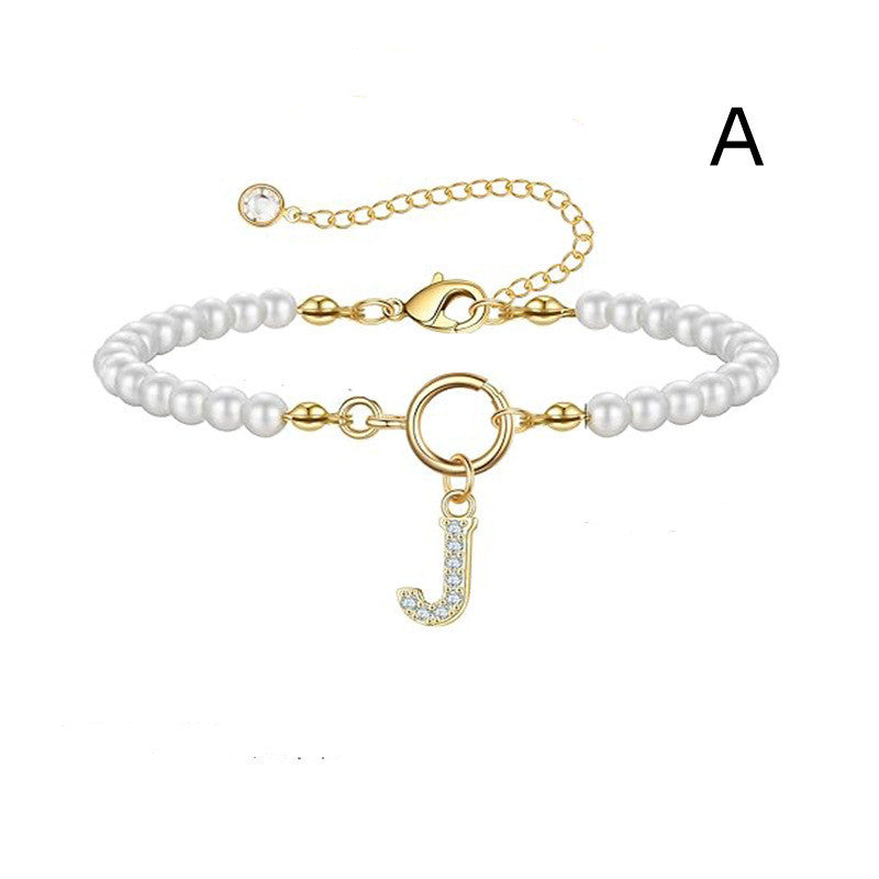 Personalized Initial Bracelet with Pearl Charm - A-Z Letter Toggle Clasp Jewelry Gift for Women