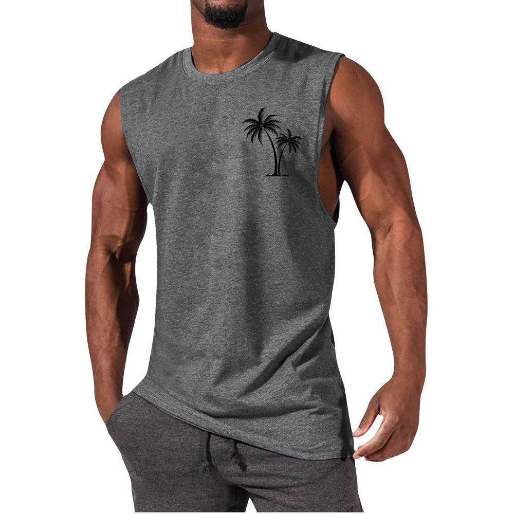 Coconut Tree Embroidery Vest - Summer Beach Tank Tops Workout Muscle Men Sports Fitness T-shirt
