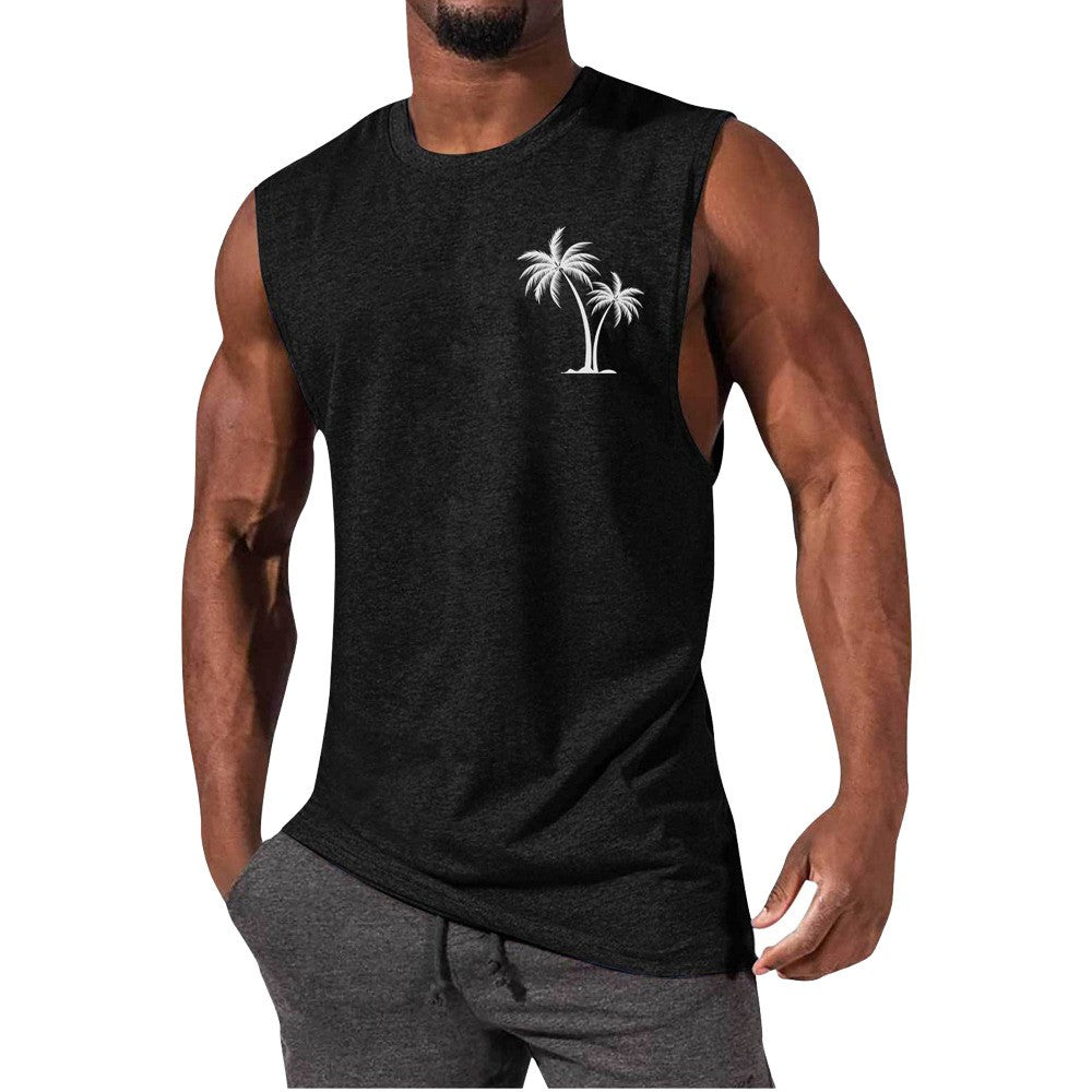 Coconut Tree Embroidery Vest - Summer Beach Tank Tops Workout Muscle Men Sports Fitness T-shirt