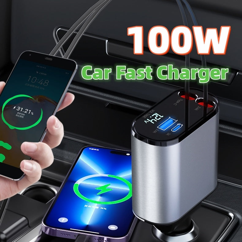 100W Super Fast Car Charger - Metal USB & Type-C Adapter